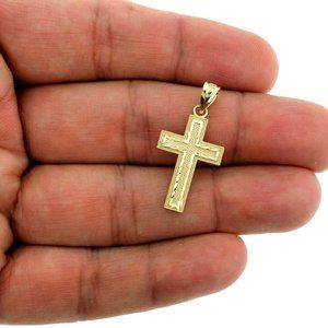 Real 10K Yellow Gold Diamond Cut Jesus Crucifix Cross Pendant